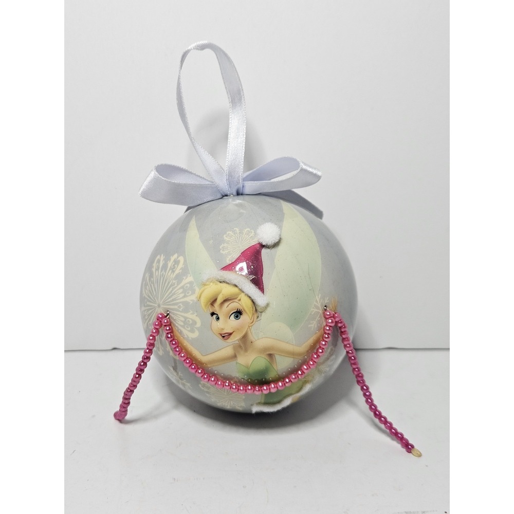 Disney Tinker Bell Christmas Ornament Round Plastic Ball Pink Beaded Garland Bow